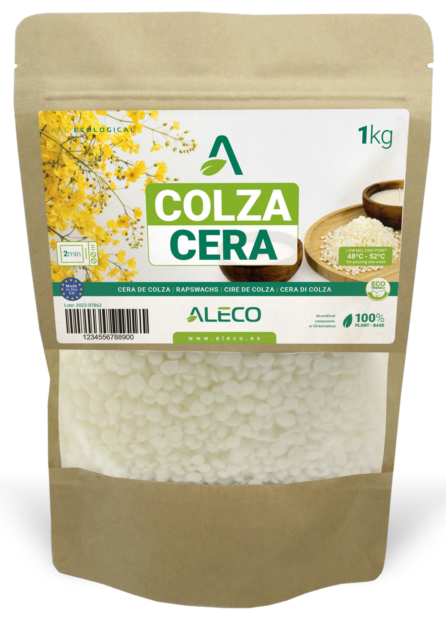 Cera de Colza en Perlas para Velas en Vaso, Recipientes o Frascos. Bajo Punto de Fusión 48- 52ºC. Alto índice retención de fragancia