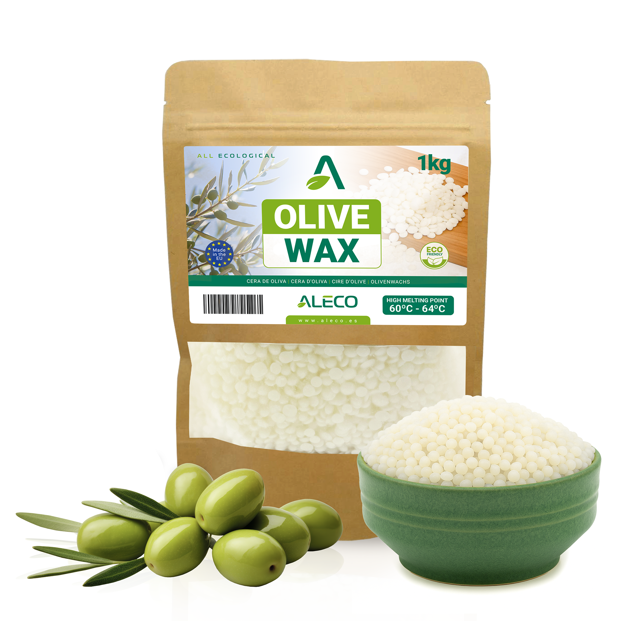 Cera de Oliva en Perlas, Alto Punto de Fusión 60–64 °C, Para Verter en Moldes y Desmoldar con Facilidad, Admite Aromas y Colorantes