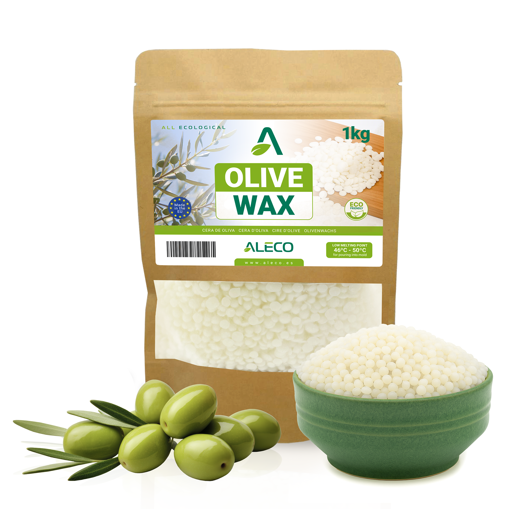 Cera de Oliva para Velas en Vaso, Bajo Punto de Fusión 46–50 °C, Admite Aromas y Colorantes