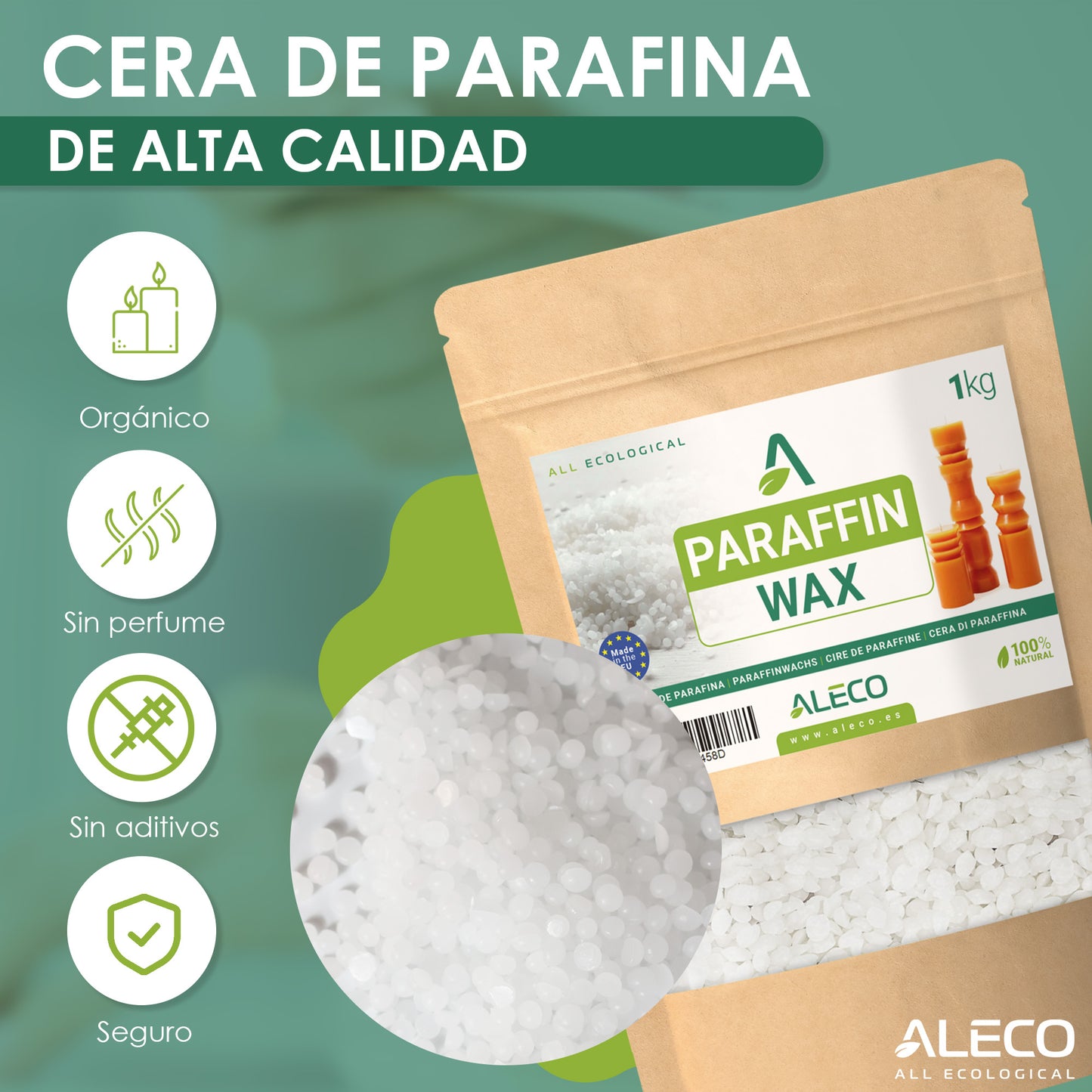 ALECO Cera de Parafina en Perlas. NUEVA Calidad MEJORADA para Velas, Moldeo e Inyección - Fusión a 63-73ºC Mínimo Aceite, Máxima Fragancia.