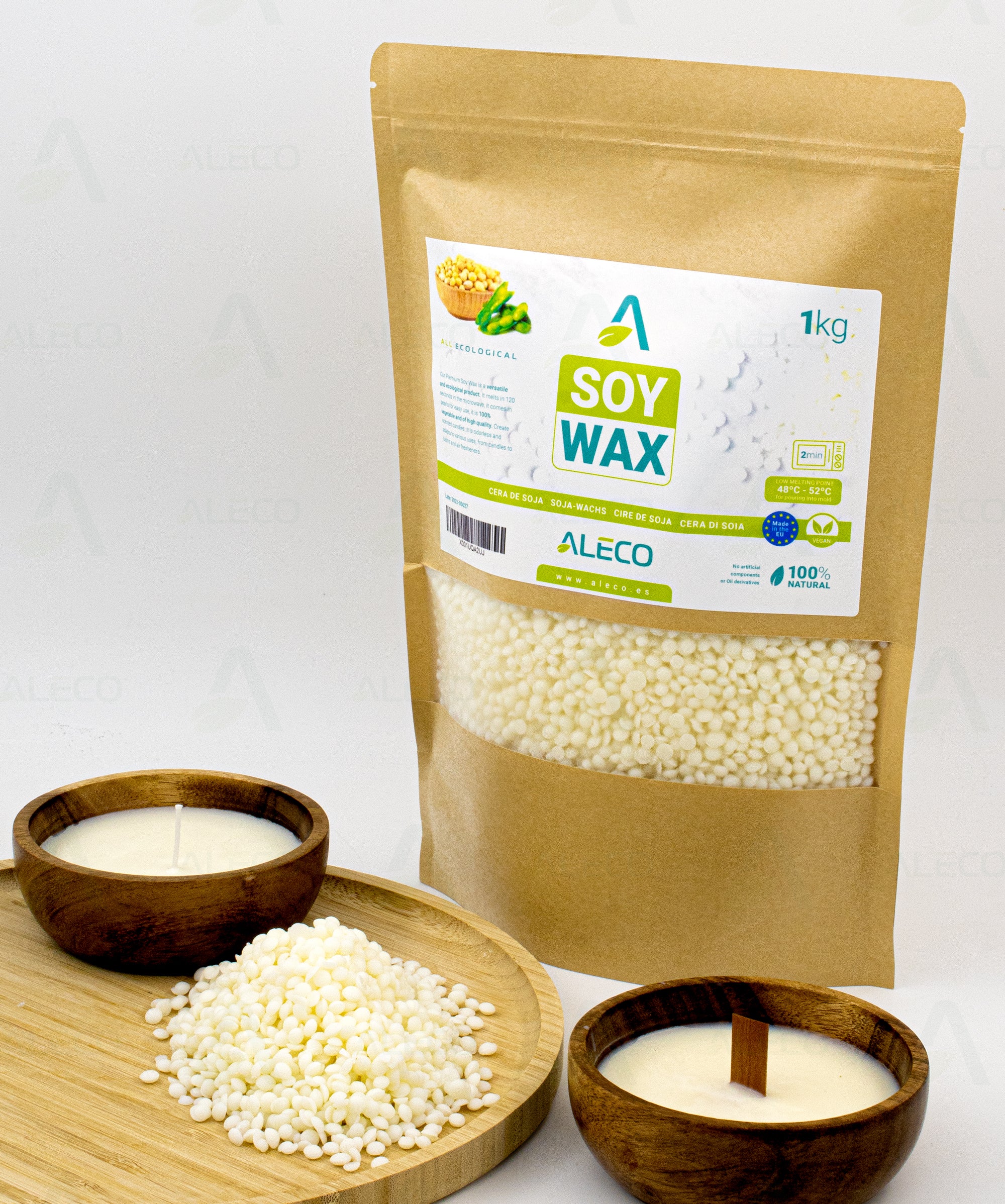 Cera de Soja en Perlas Premium, Bajo Punto Fusión 48-52ºC, en Vaso, Ideal Microondas, Olor Neutro, 100% Vegetal Eco, para Fabricar Velas, Cosmética, Ambientadores, Permite Aromas.